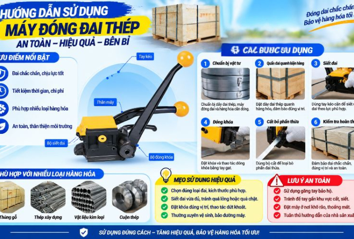 Hướng dẫn sử dụng máy đóng đai thép an toàn, hiệu quả