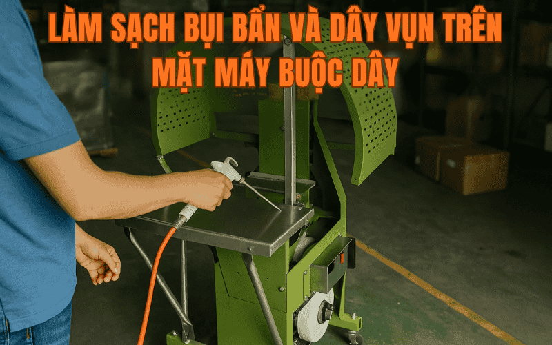 Làm sạch bụi bẩn và dây vụn trên mặt máy buộc dây