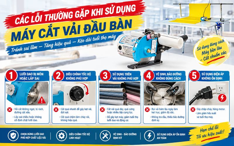 Các lỗi thường gặp khi sử dụng máy cắt vải đầu bàn