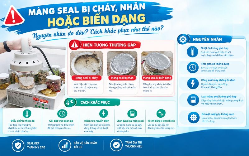 Màng seal bị cháy, nhăn hoặc biến dạng