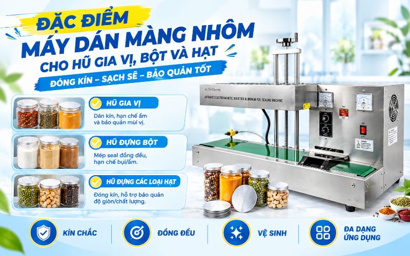Đặc điểm của máy dán màng nhôm cho hũ gia vị, bột và hạt