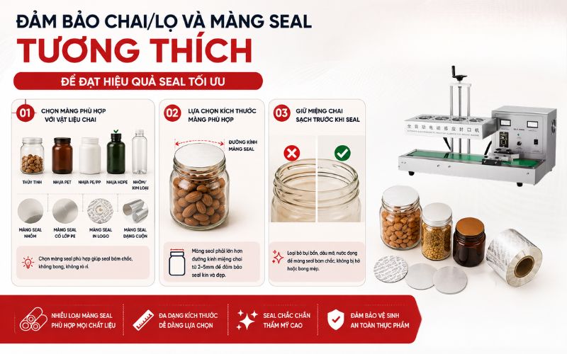 Đảm bảo chai/lọ và màng seal tương thích