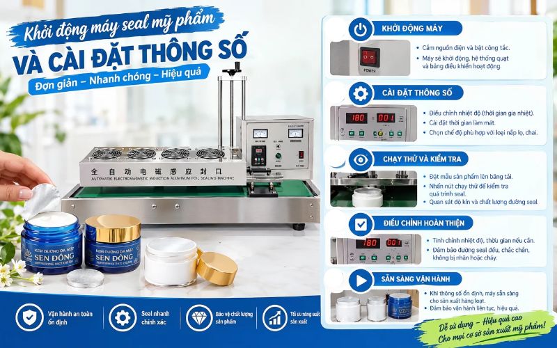 Khởi động máy seal mỹ phẩm và cài đặt thông số