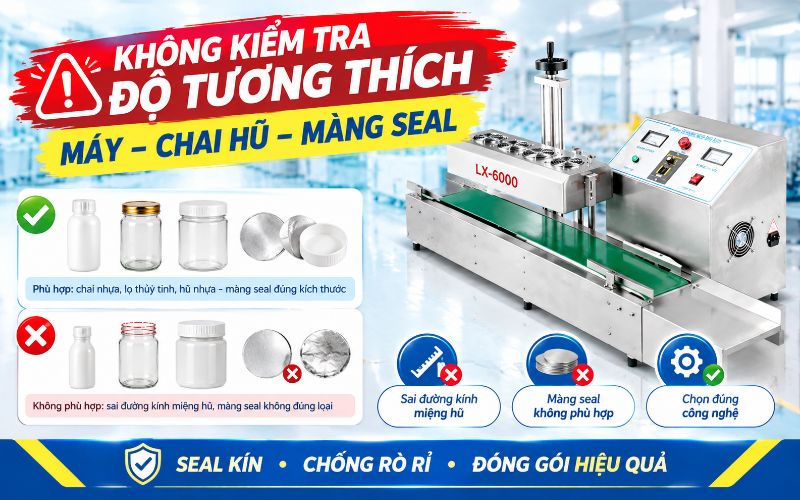 Không kiểm tra độ tương thích giữa máy, chai hũ và màng seal