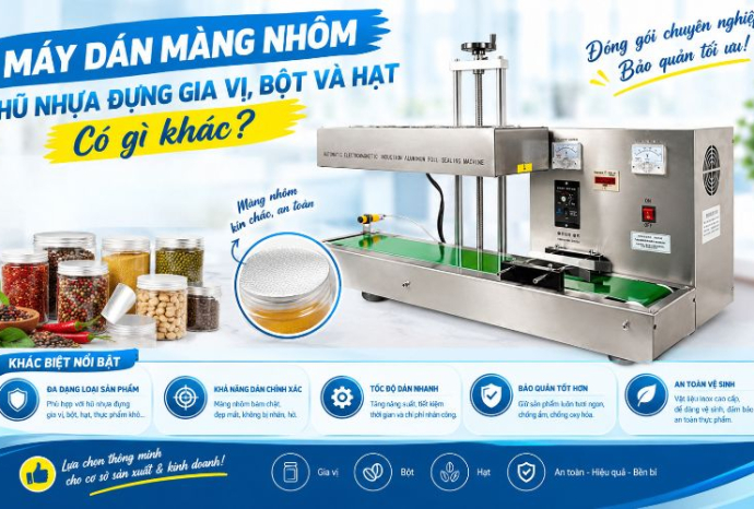 Máy dán màng nhôm hũ nhựa đựng gia vị, bột và hạt có gì khác?