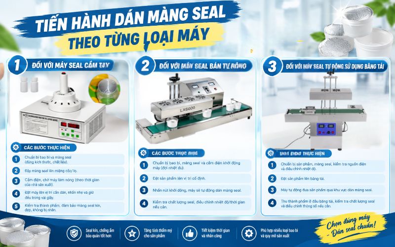 Tiến hành dán màng seal theo từng loại máy