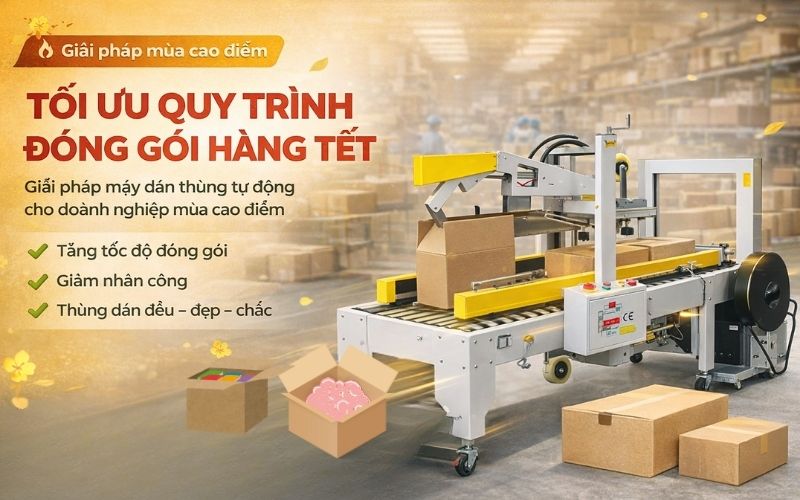 Tối ưu quy trình đóng gói hàng Tết với máy dán thùng tự động