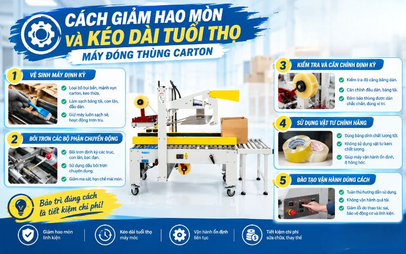 Cách giảm hao mòn, kéo dài tuổi thọ máy đóng thùng carton