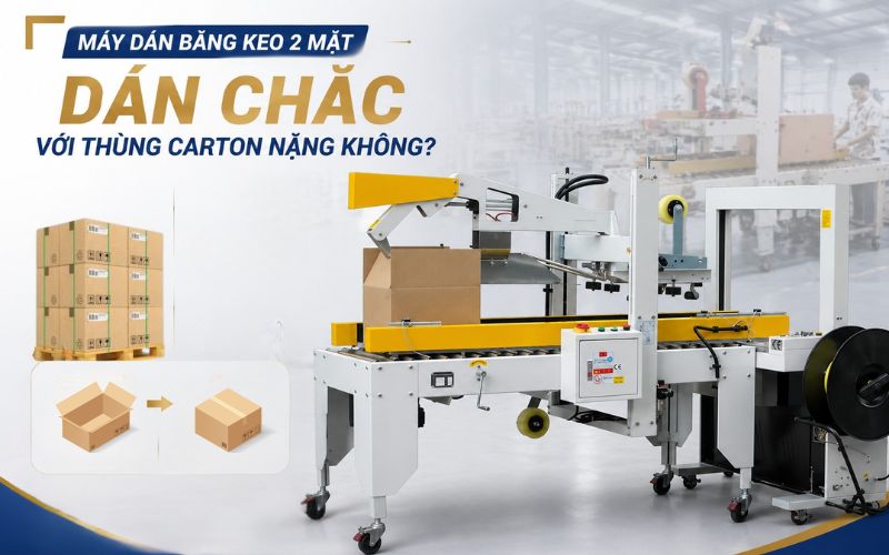 Máy dán băng keo 2 mặt có dán chắc với thùng carton nặng không