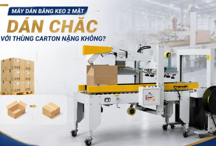 Máy dán băng keo 2 mặt có dán chắc với thùng carton nặng không