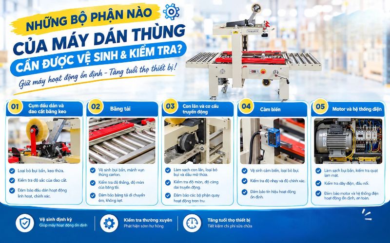 Những bộ phận nào của máy dán thùng cần được vệ sinh & kiểm tra?