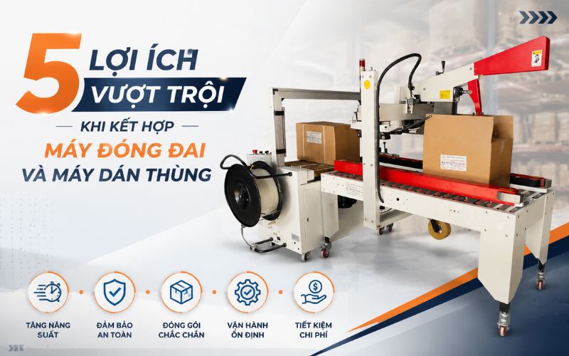 5 Lợi ích vượt trội khi kết hợp máy đóng đai và máy dán thùng