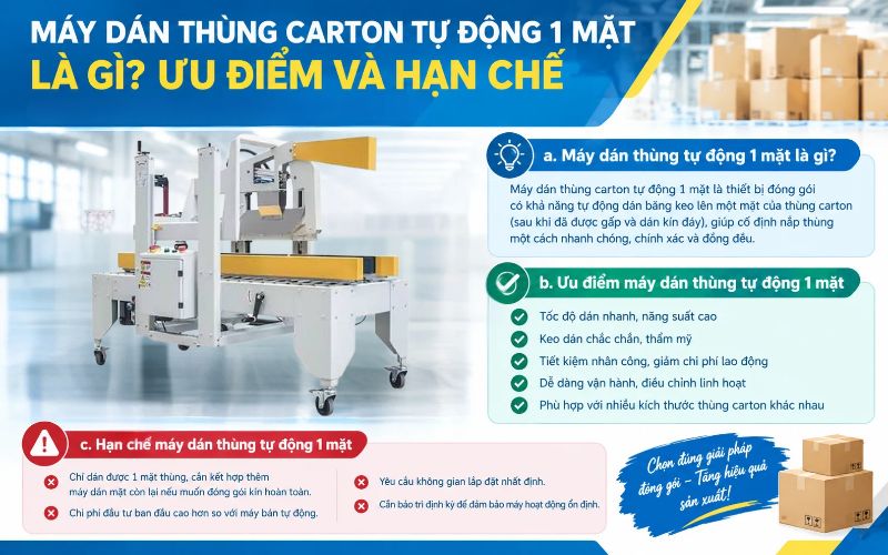 Máy dán thùng carton tự động 1 mặt là gì? Ưu điểm và hạn chế