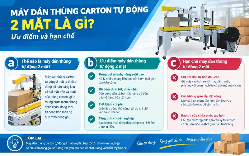 Máy dán thùng carton tự động 2 mặt là gì? Ưu điểm và hạn chế