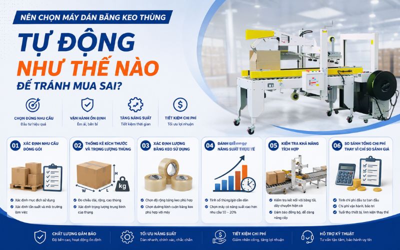 Nên chọn máy dán băng keo thùng tự động như thế nào để tránh mua sai?