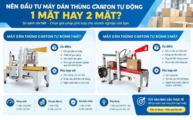 Nên đầu tư máy dán thùng carton tự động 1 mặt hay 2 mặt