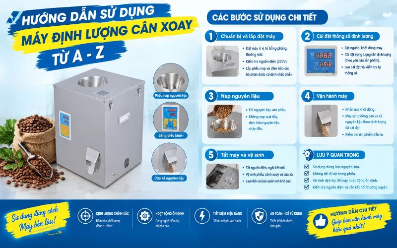 Hướng dẫn sử dụng máy định lượng cân xoay từ A-Z