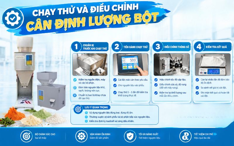 Chạy thử và điều chỉnh cân định lượng bột