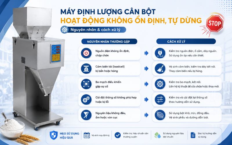 Máy định lượng cân bột hoạt động không ổn định, tự dừng