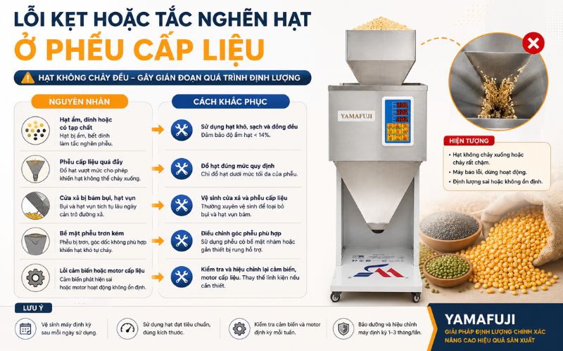 Lỗi kẹt hoặc tắc nghẽn hạt ở phễu cấp liệu