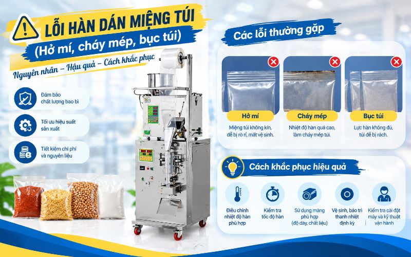Lỗi hàn dán miệng túi (Hở mí, cháy mép, bục túi)
