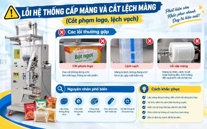 Lỗi hệ thống cấp màng và cắt lệch màng (Cắt phạm logo, lệch vạch)