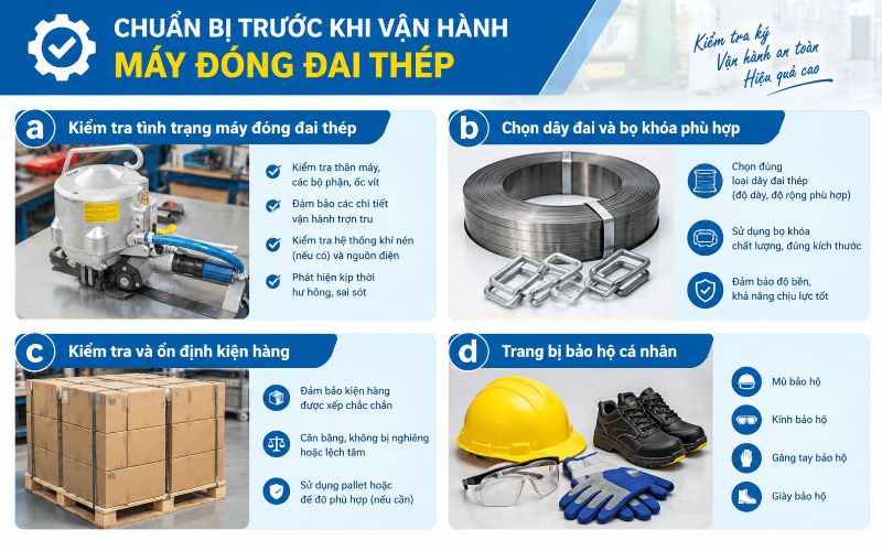 Chuẩn bị trước khi vận hành máy đóng đai thép