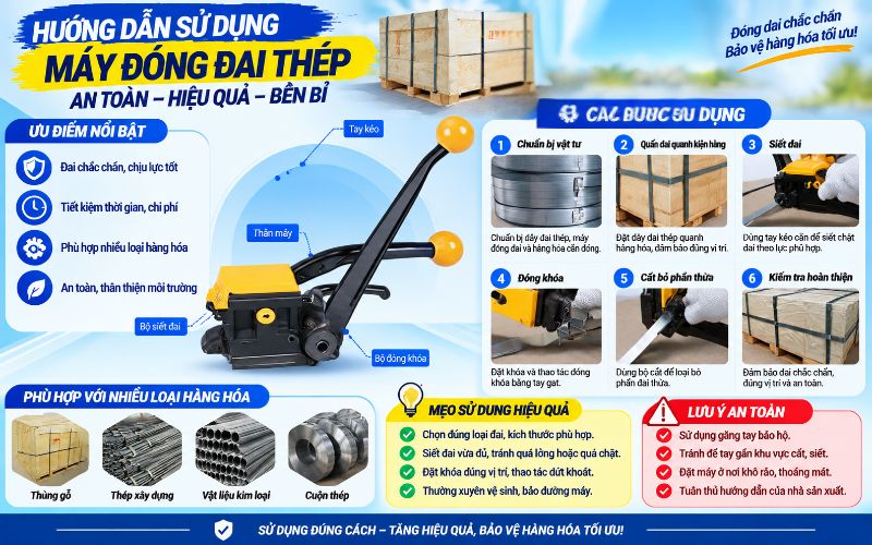 Hướng dẫn sử dụng máy đóng đai thép an toàn, hiệu quả