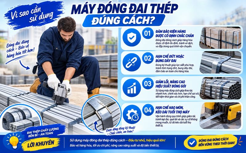 Vì sao cần sử dụng máy đóng đai thép đúng cách?