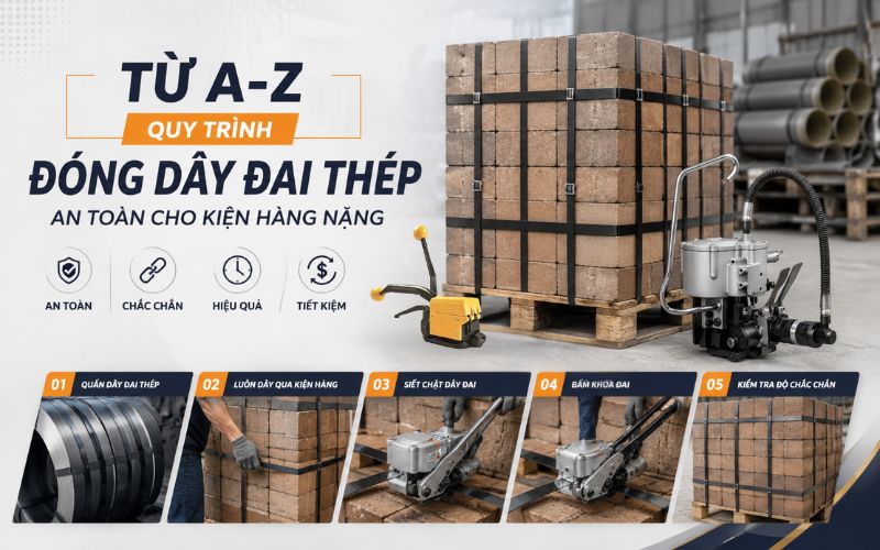 Quy trình đóng dây đai thép an toàn cho kiện hàng nặng