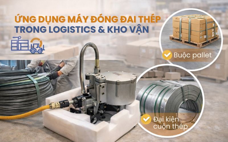 Ứng dụng máy đóng đai thép trong logistics 