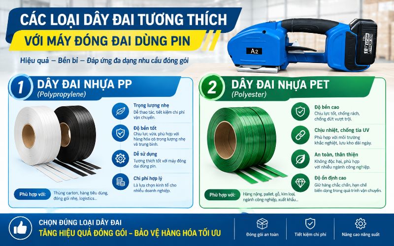 Các loại dây đai tương thích với máy đóng đai dùng pin