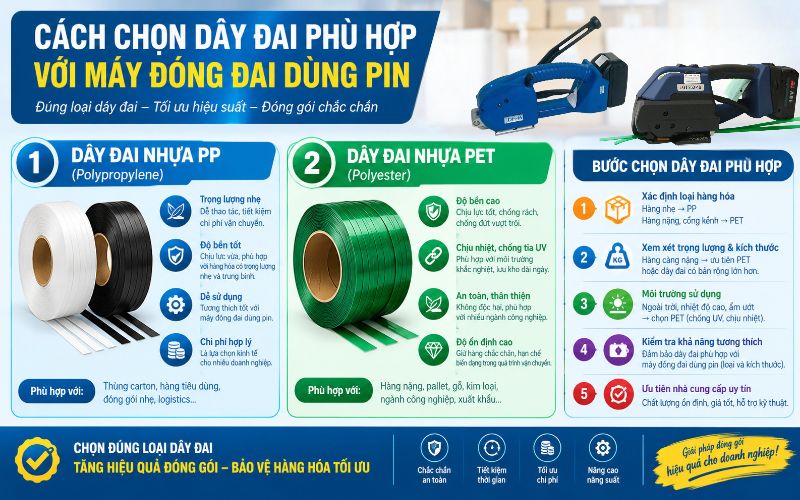 Cách chọn dây đại phù hợp với máy đóng đai dùng pin