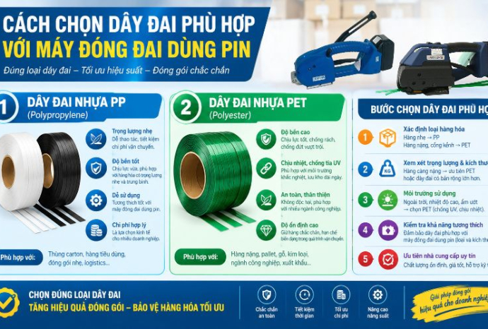 Cách chọn dây đại phù hợp với máy đóng đai dùng pin