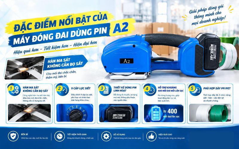 Đặc điểm nổi bật của máy đóng đai dùng pin Yamafuji A2