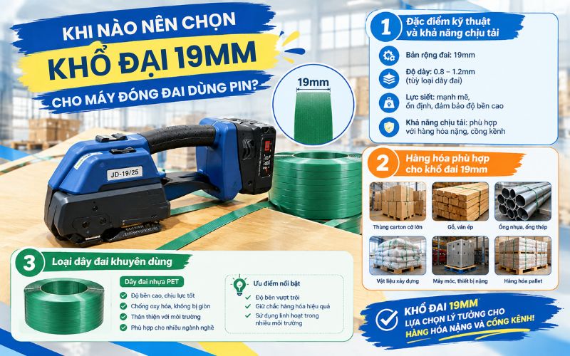 Khi nào nên chọn khổ đai 19mm cho máy đóng đai dùng pin?