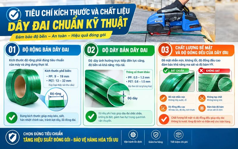 Tiêu chí kích thước và chất liệu dây đai chuẩn kỹ thuật