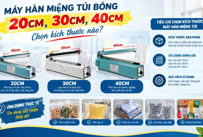 Máy hàn miệng túi bóng 20cm, 30cm, 40cm: Chọn kích thước nào