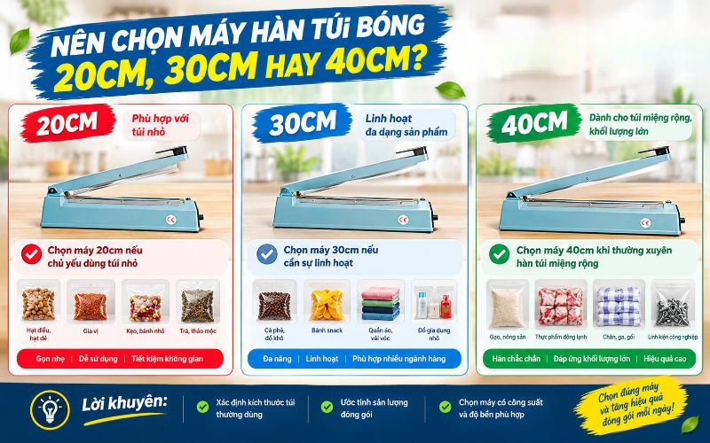 Nên chọn máy hàn túi bóng 20cm, 30cm hay 40cm?