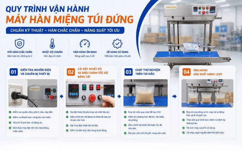 Quy trình vận hành máy hàn miệng túi đứng chuẩn kỹ thuật