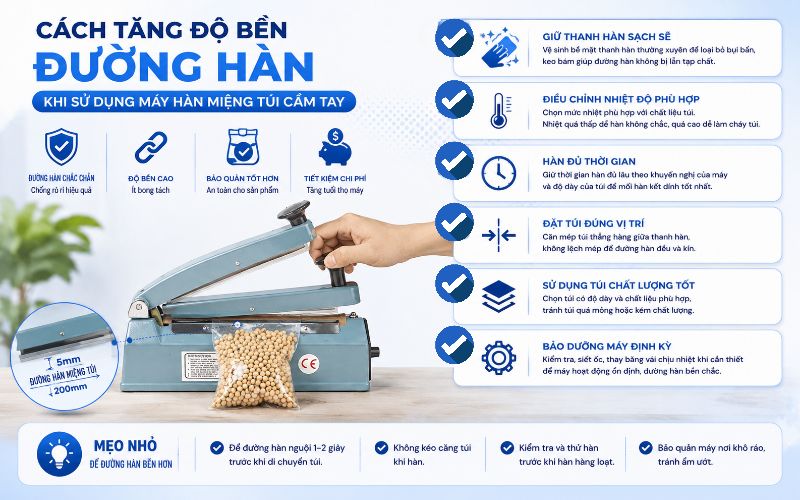 Cách tăng độ bền đường hàn khi sử dụng máy hàn miệng túi cầm tay