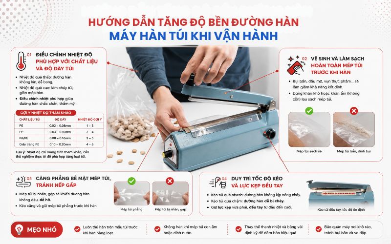 Hướng dẫn tăng độ bền đường hàn máy hàn túi khi vận hành