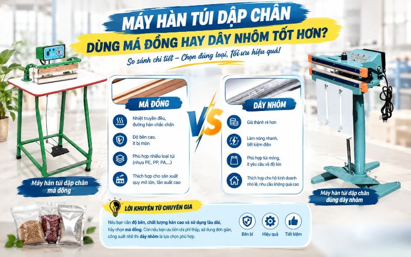 Máy hàn túi dập chân dùng má đồng hay dây nhôm tốt hơn?