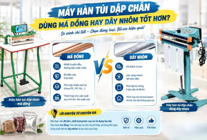 Máy hàn túi dập chân dùng má đồng hay dây nhôm tốt hơn?