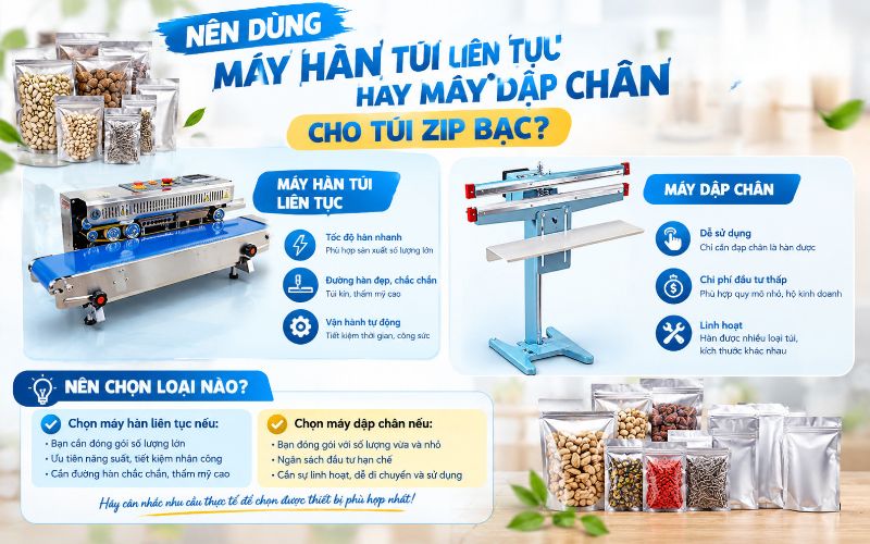 Nên dùng máy hàn túi liên tục hay máy dập chân cho túi zip bạc