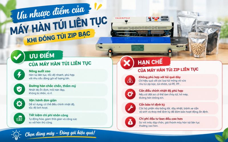 Ưu nhược điểm của máy hàn túi liên tục khi đóng túi zip bạc