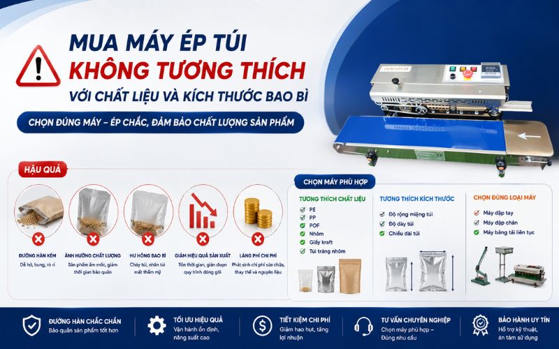 Mua máy ép túi không tương thích với chất liệu và kích thước bao bì