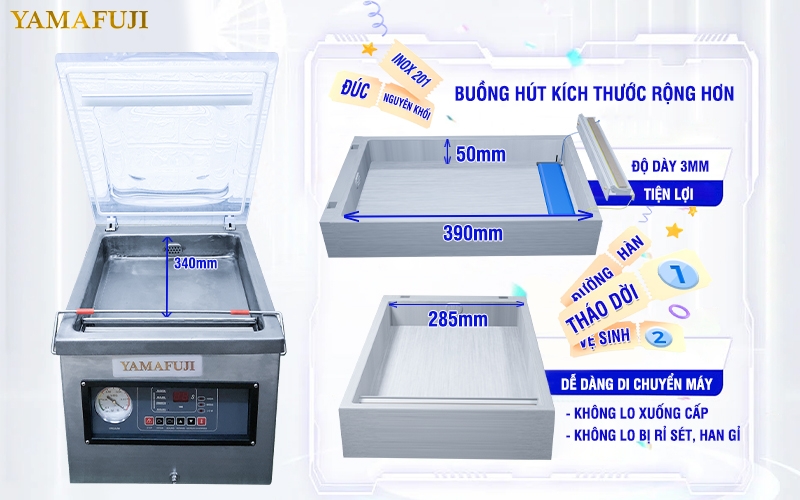 Kích thước buồng hút của máy hút chân không để bàn Yamafuji DZ260C
