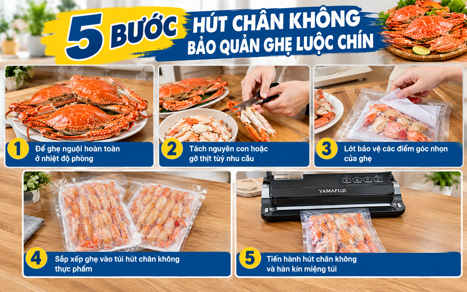5 bước hút chân không bảo quản ghẹ luộc chín