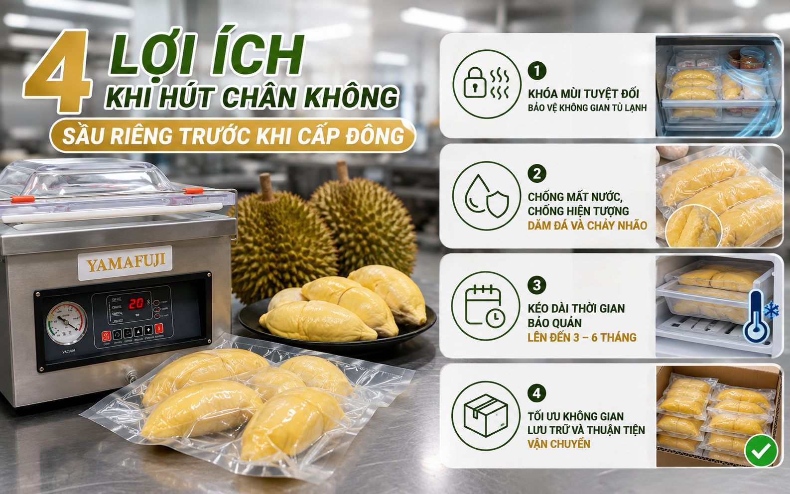 4 Lợi ích khi hút chân không sầu riêng trước khi cấp đông